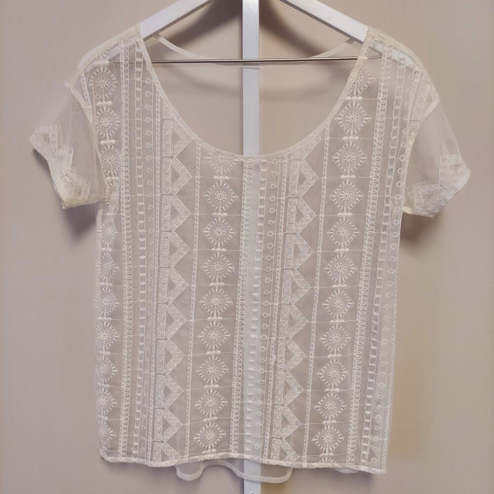 Sheer Mesh Embroidered Top M Boxy Short Sleeve Festival Boho Bohemian Layer